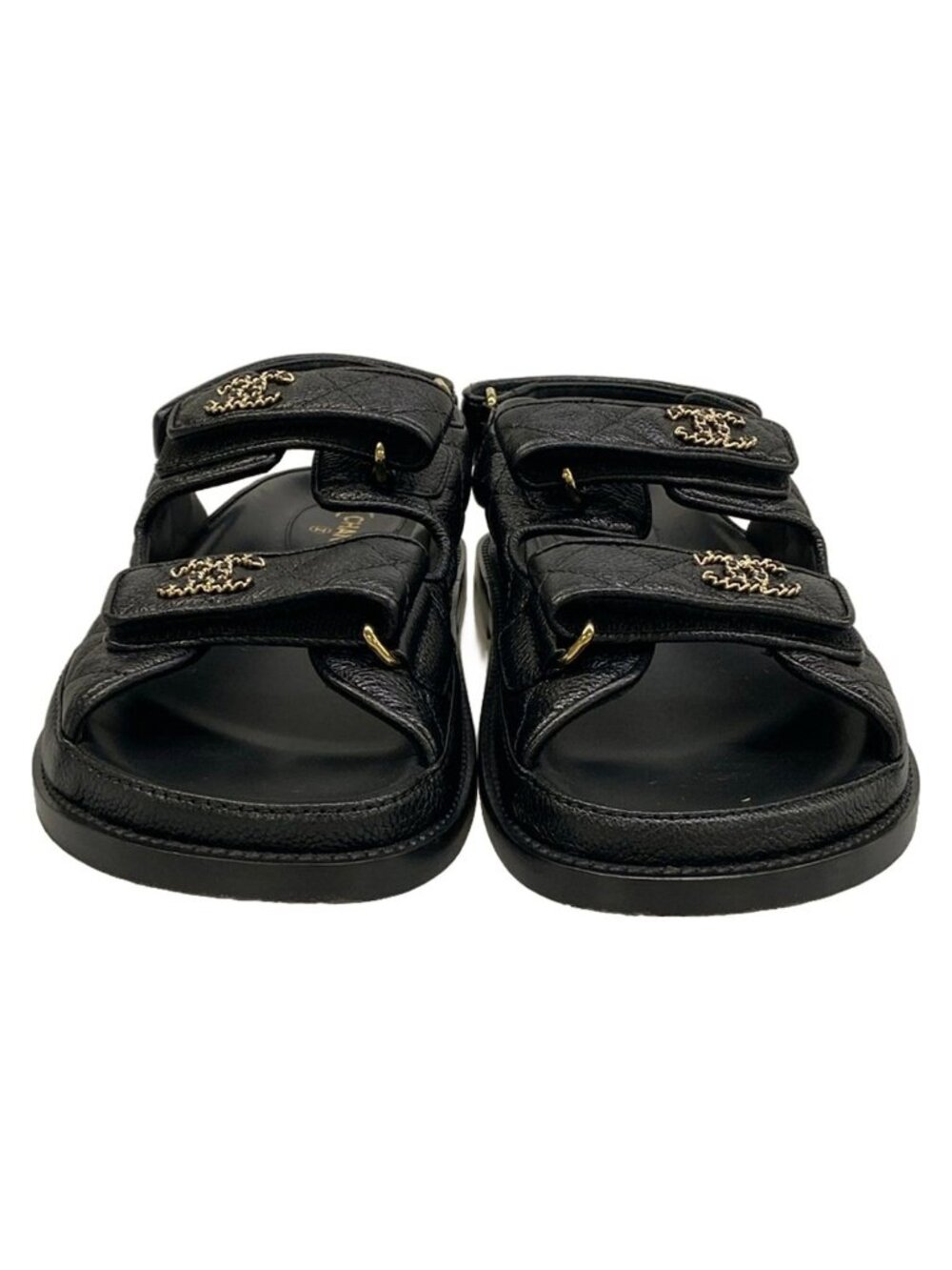 Chanel Sandals 36 C Quilted Black Gold CC Logo Velcro Leather - Picture 5 of 12